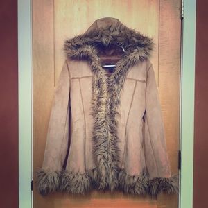 Super cute sherpa, hooded, fur trimmed coat